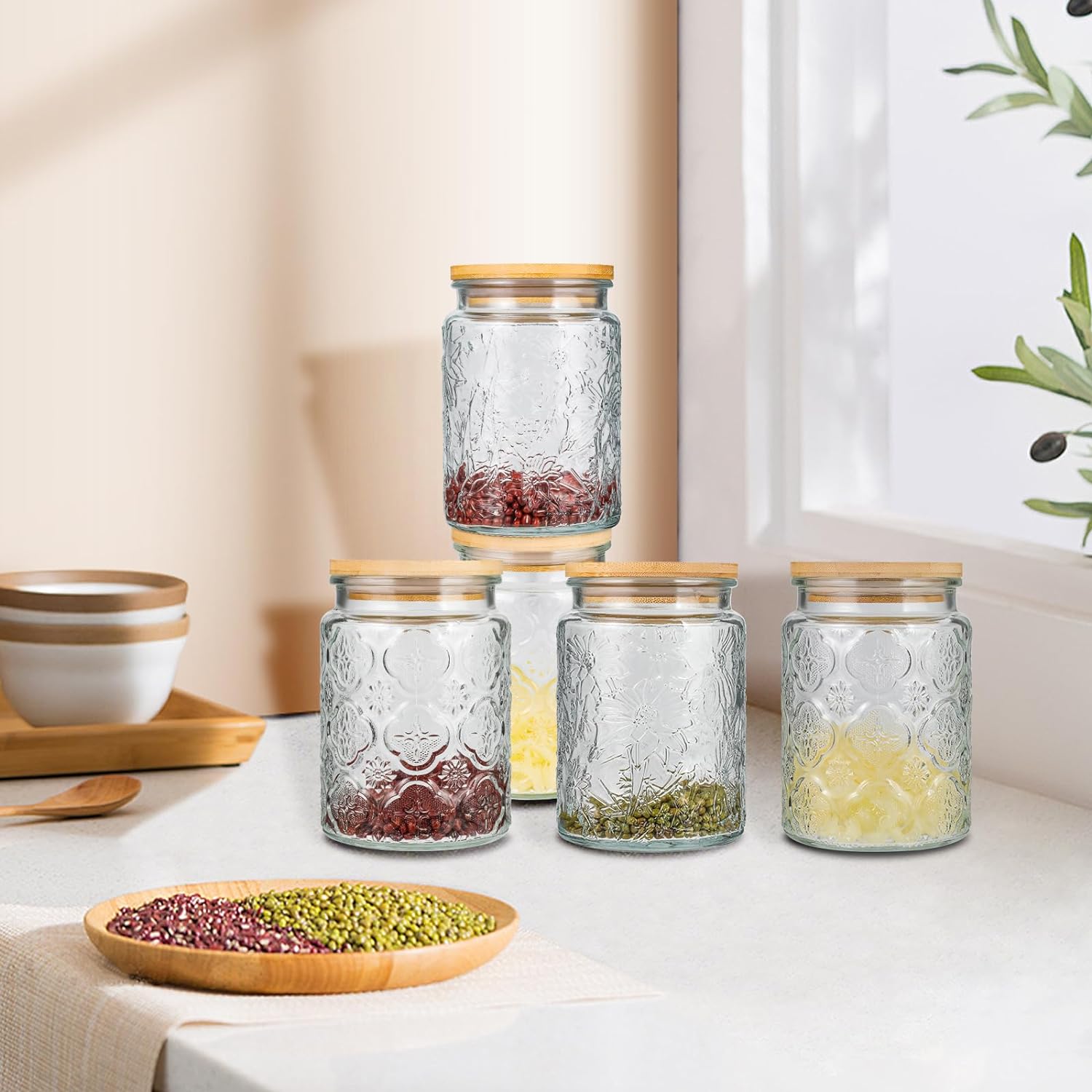 Vintage Glass Jars, Airtight Storage Jars with Bamboo Lid, Food Storage Container Jar, Candy Jar, Pantry, Tea, Sugar, Coffee Tea- 23.5 Oz (2 Pcs) Vintage Glass Jars, Airtight Storage Jars with Bamboo Lid, Food Storage Container Jar, Candy Jar, Pantry, Tea, Sugar, Coffee Tea- 23.5 Oz (2 Pcs)
